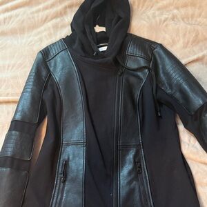 Blanc Noir Black Leather Jacket with Hood